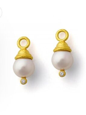 Gold Pearl Drop Charm Earrings with Crystal Accent